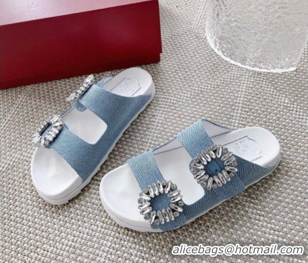 Luxury Roger Vivier Slidy Viv' Strass Buckle Slides Sandal in Light Blue Denim 704039