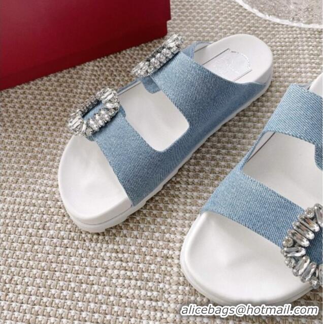 Luxury Roger Vivier Slidy Viv' Strass Buckle Slides Sandal in Light Blue Denim 704039