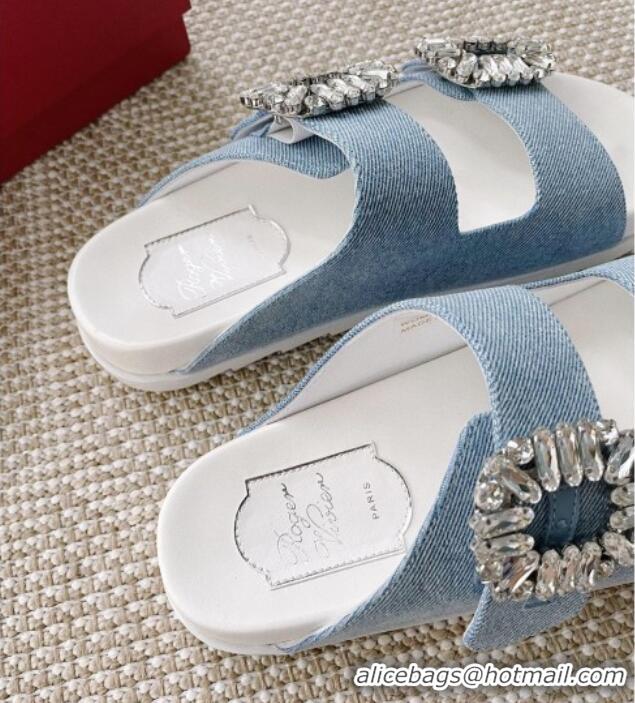 Luxury Roger Vivier Slidy Viv' Strass Buckle Slides Sandal in Light Blue Denim 704039