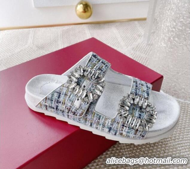 Sophisticated Roger Vivier Slidy Viv' Strass Buckle Slides Sandal in Tweed Blue 704040