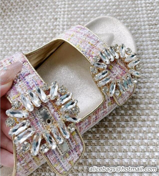 Best Grade Roger Vivier Slidy Viv' Strass Buckle Slides Sandal in Tweed Pink 704041