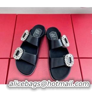 Stylish Roger Vivier Slidy Viv' Strass Buckle Slides Sandal in Black Leather 704042