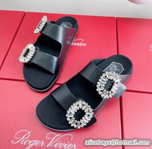 Stylish Roger Vivier Slidy Viv' Strass Buckle Slides Sandal in Black Leather 704042