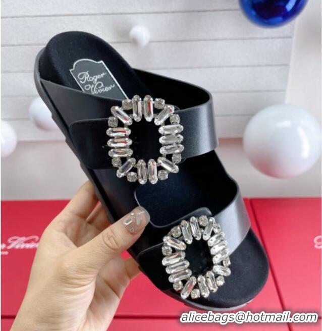 Stylish Roger Vivier Slidy Viv' Strass Buckle Slides Sandal in Black Leather 704042