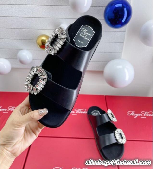 Stylish Roger Vivier Slidy Viv' Strass Buckle Slides Sandal in Black Leather 704042