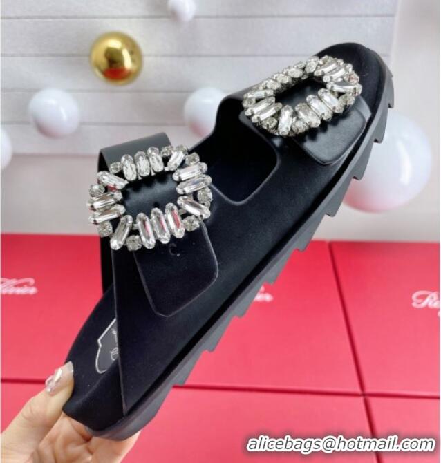 Stylish Roger Vivier Slidy Viv' Strass Buckle Slides Sandal in Black Leather 704042