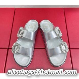 Grade Quality Roger Vivier Slidy Viv' Strass Buckle Slides Sandal in Silver Calf Leather 704045