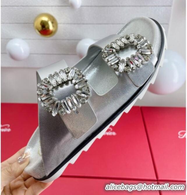 Grade Quality Roger Vivier Slidy Viv' Strass Buckle Slides Sandal in Silver Calf Leather 704045