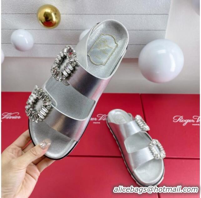 Grade Quality Roger Vivier Slidy Viv' Strass Buckle Slides Sandal in Silver Calf Leather 704045