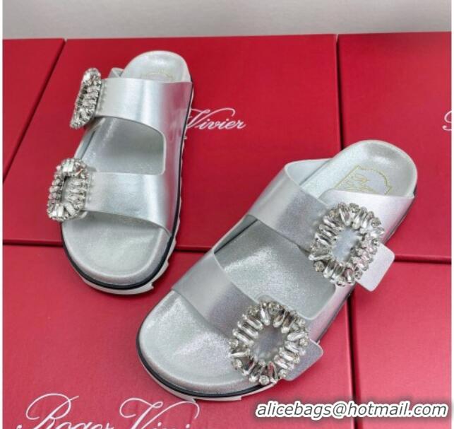 Grade Quality Roger Vivier Slidy Viv' Strass Buckle Slides Sandal in Silver Calf Leather 704045