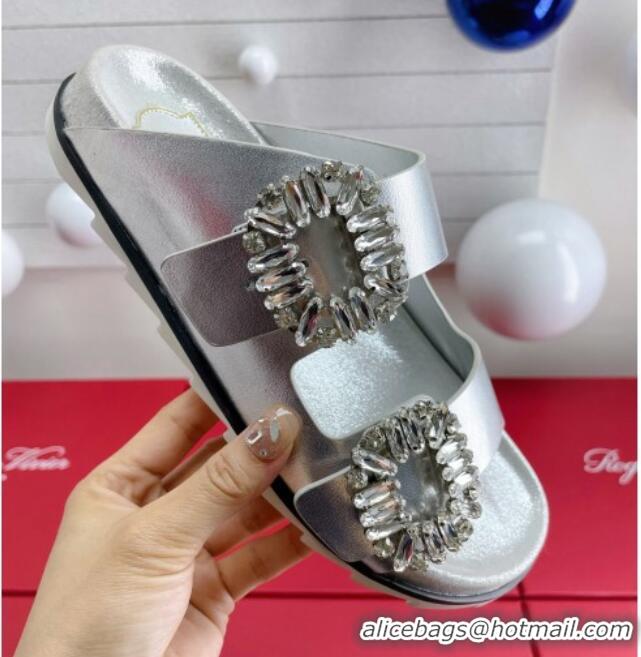 Grade Quality Roger Vivier Slidy Viv' Strass Buckle Slides Sandal in Silver Calf Leather 704045