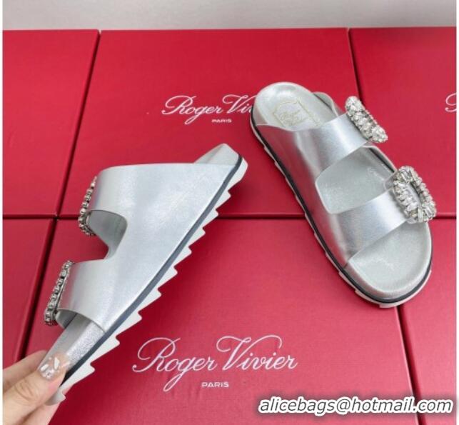 Grade Quality Roger Vivier Slidy Viv' Strass Buckle Slides Sandal in Silver Calf Leather 704045