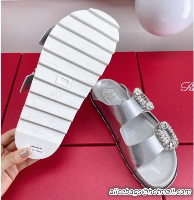 Grade Quality Roger Vivier Slidy Viv' Strass Buckle Slides Sandal in Silver Calf Leather 704045