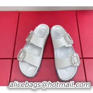 Charming Roger Vivier Slidy Viv' Strass Buckle Slides Sandal in White Leather 704046