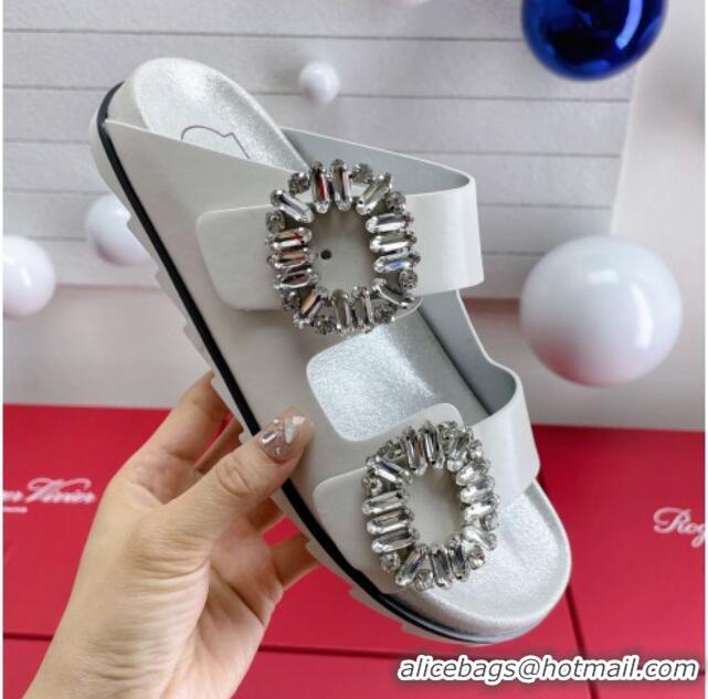 Charming Roger Vivier Slidy Viv' Strass Buckle Slides Sandal in White Leather 704046