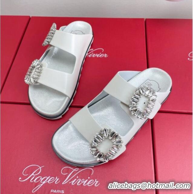 Charming Roger Vivier Slidy Viv' Strass Buckle Slides Sandal in White Leather 704046