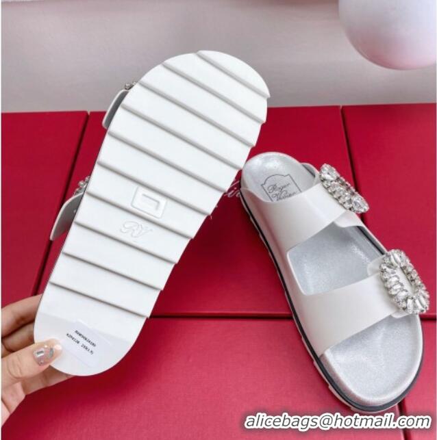 Charming Roger Vivier Slidy Viv' Strass Buckle Slides Sandal in White Leather 704046