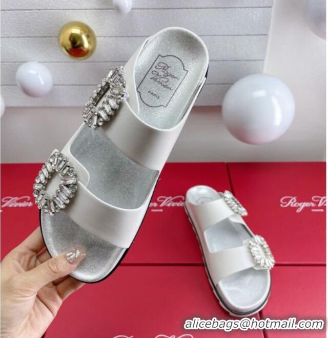 Charming Roger Vivier Slidy Viv' Strass Buckle Slides Sandal in White Leather 704046