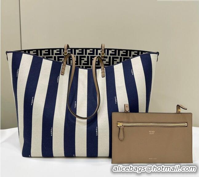 Top Quality Fendi Large Roll Reversible shopper Tote Bag in Pequin striped and midnight blue FF fabric 8661L 2024