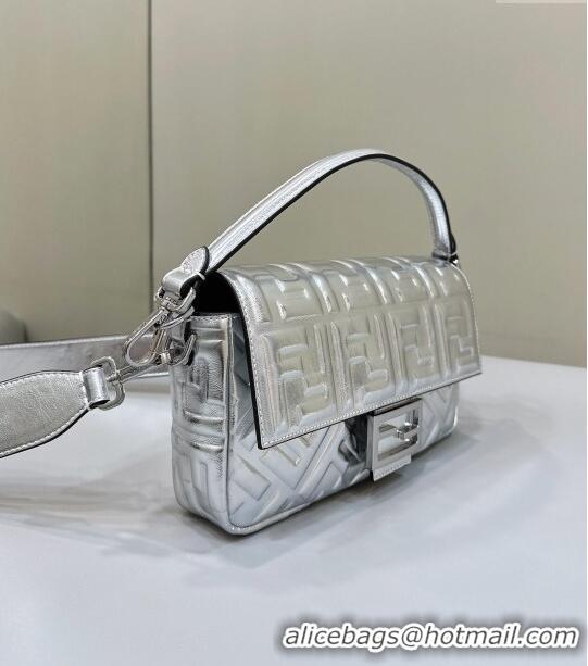 Discount Fendi Baguette Medium Nappa Leather Bag 0135M Silver 2024 Top Quality