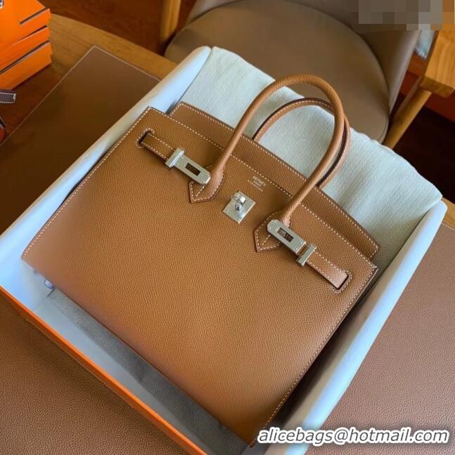 Super Quality Hermes Birkin 30cm Bag in Original Epsom Leather H30 Brown/Silver 2024 (Full Handmade)