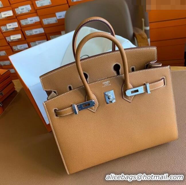 Buy Fashionable Hermes Birkin 35cm Bag in Original Epsom Leather H35 Brown/Silver 2024 (Full Handmade)