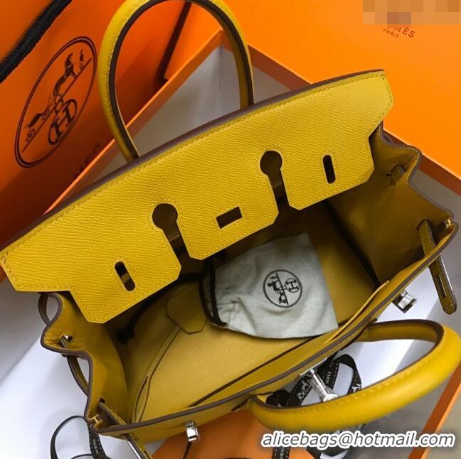 Top Quality Hermes Birkin 25cm Bag in Original Epsom Leather H25 Amber Yellow/Silver 2024 (Full Handmade)