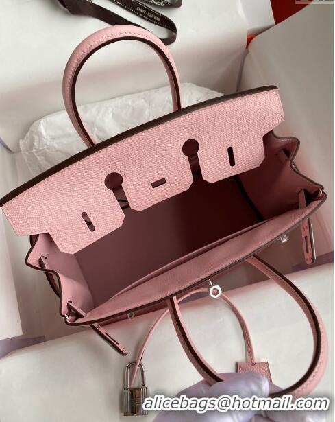 Top Quality Hermes Birkin 25cm Bag in Original Epsom Leather H25 3Q Pink/Silver 2024 (Full Handmade)