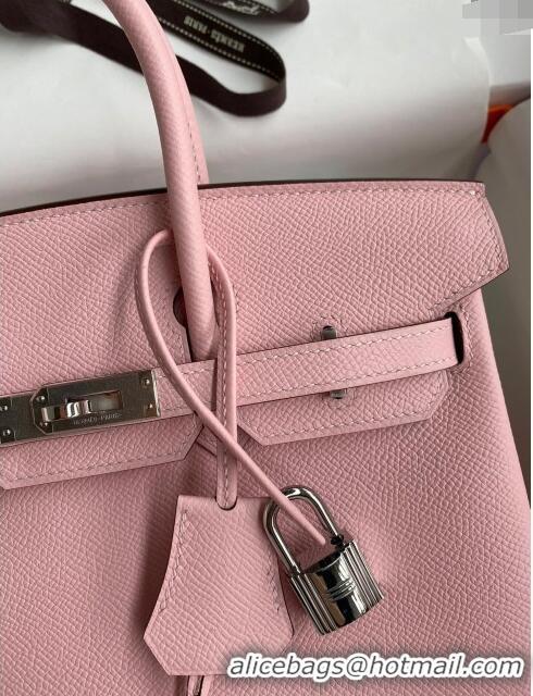 Top Quality Hermes Birkin 25cm Bag in Original Epsom Leather H25 3Q Pink/Silver 2024 (Full Handmade)