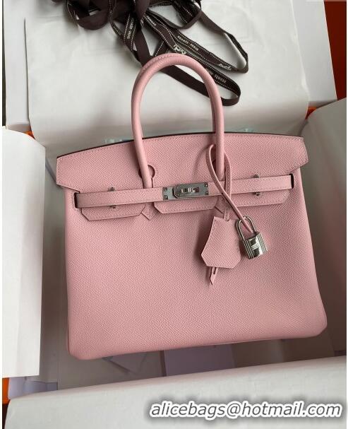 Top Quality Hermes Birkin 25cm Bag in Original Epsom Leather H25 3Q Pink/Silver 2024 (Full Handmade)