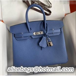 Low Cost Hermes Birkin 25cm Bag in Original Epsom Leather Agate H25 Blue/Silver 2024 (Full Handmade)