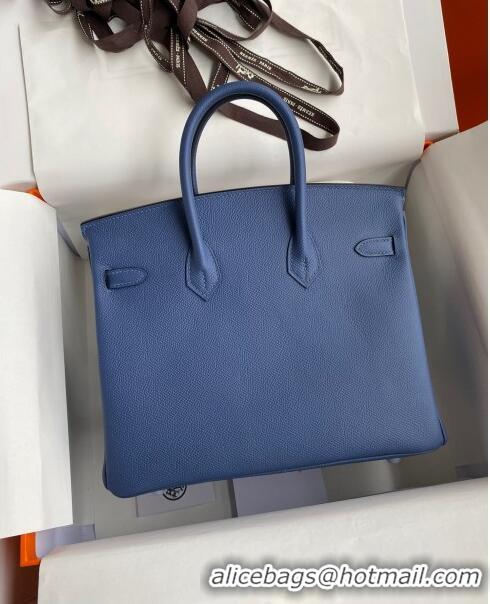 Low Cost Hermes Birkin 25cm Bag in Original Epsom Leather Agate H25 Blue/Silver 2024 (Full Handmade)