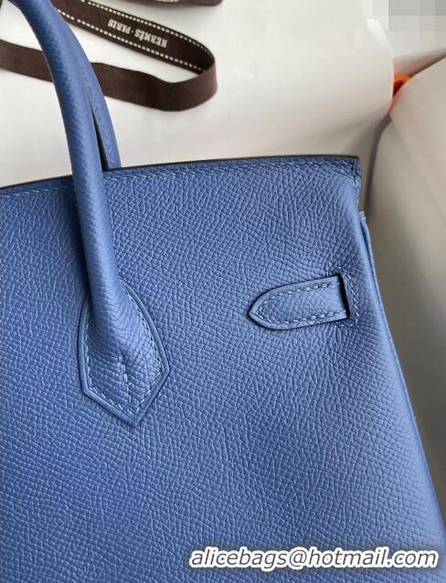 Low Cost Hermes Birkin 25cm Bag in Original Epsom Leather Agate H25 Blue/Silver 2024 (Full Handmade)