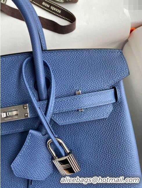 Low Cost Hermes Birkin 25cm Bag in Original Epsom Leather Agate H25 Blue/Silver 2024 (Full Handmade)