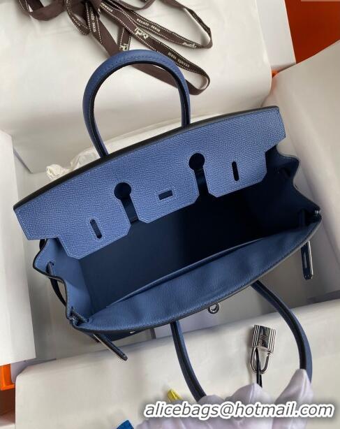 Low Cost Hermes Birkin 25cm Bag in Original Epsom Leather Agate H25 Blue/Silver 2024 (Full Handmade)