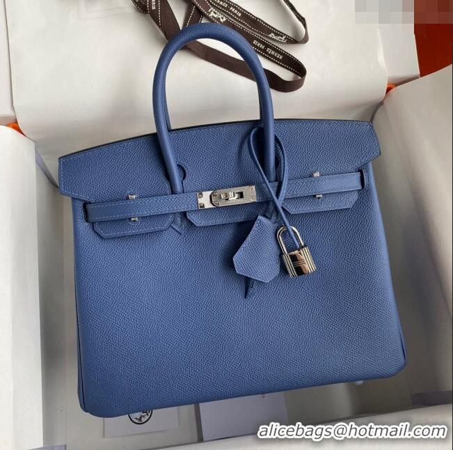 Low Cost Hermes Birkin 25cm Bag in Original Epsom Leather Agate H25 Blue/Silver 2024 (Full Handmade)