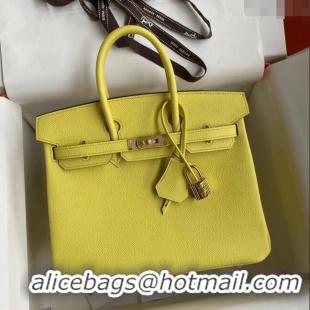 Best Price Hermes Birkin 25cm Bag in Original Epsom Leather H25 Lemon Yellow/Gold 2024 (Full Handmade)