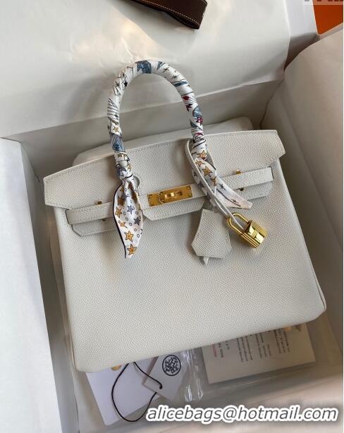 Luxurious Hermes Birkin 25cm Bag in Original Epsom Leather H25 Pure White/Gold 2024 (Full Handmade)