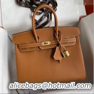 Famous Brand Hermes Birkin 30cm Bag in Original Epsom Leather H30 Brown/Gold 2024 (Full Handmade)