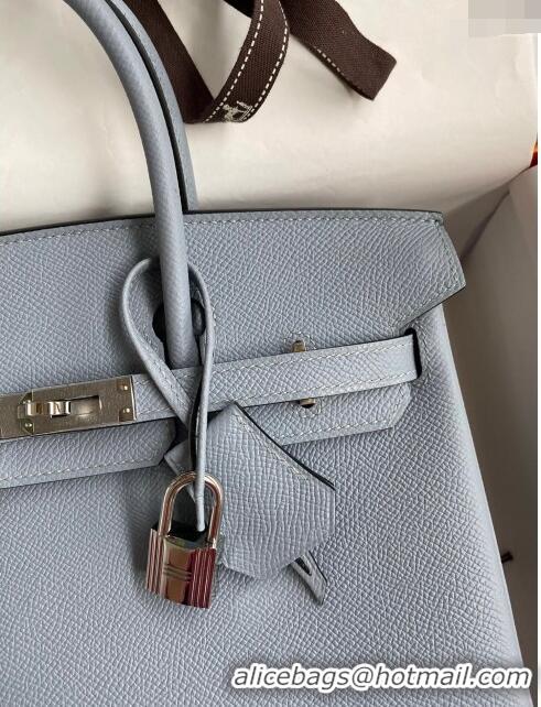 Good Taste Hermes Birkin 25cm Bag in Original Epsom Leather H25 Linen Blue/Silver 2024 (Full Handmade)