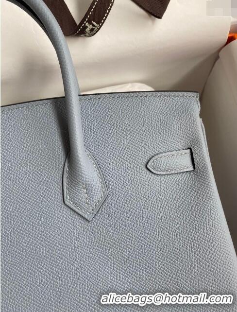 Good Taste Hermes Birkin 25cm Bag in Original Epsom Leather H25 Linen Blue/Silver 2024 (Full Handmade)