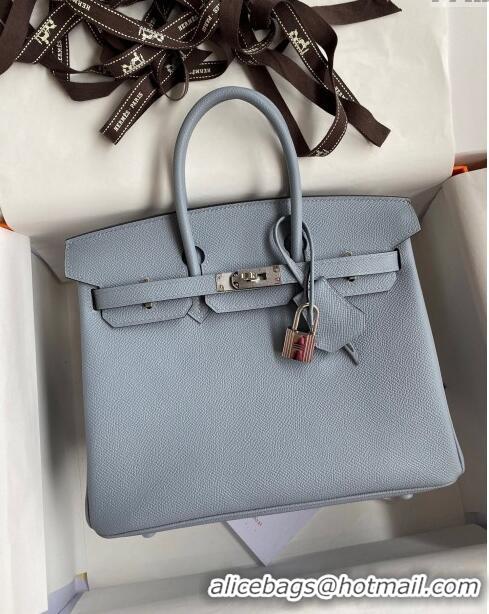 Good Taste Hermes Birkin 25cm Bag in Original Epsom Leather H25 Linen Blue/Silver 2024 (Full Handmade)