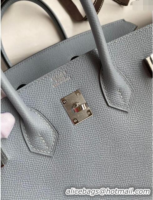 Good Taste Hermes Birkin 25cm Bag in Original Epsom Leather H25 Linen Blue/Silver 2024 (Full Handmade)