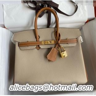 Grade Design Hermes Birkin 25cm Bag in Original Epsom Leather H25 Trench Coat Grey/Brown/Gold 2024 (Full Handmade)