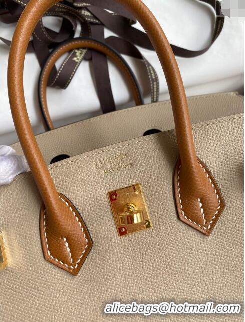 Grade Design Hermes Birkin 25cm Bag in Original Epsom Leather H25 Trench Coat Grey/Brown/Gold 2024 (Full Handmade)