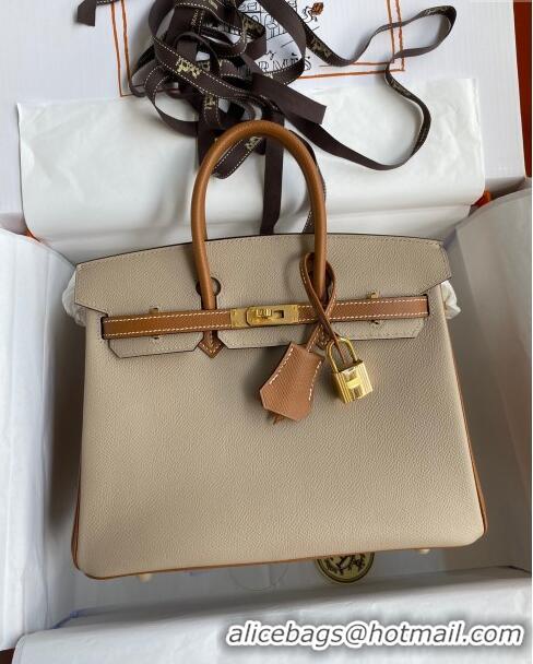 Grade Design Hermes Birkin 25cm Bag in Original Epsom Leather H25 Trench Coat Grey/Brown/Gold 2024 (Full Handmade)