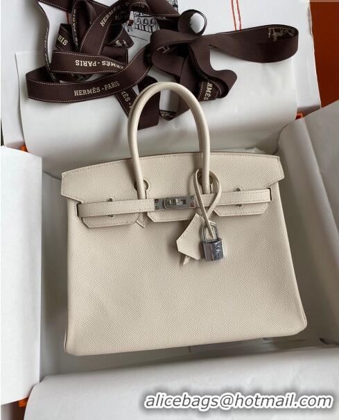 Top Quality Hermes Birkin 25cm Bag in Original Epsom Leather H25 Milkshake White/Silver 2024 (Full Handmade)