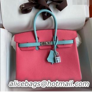 Luxurious Hermes Birkin 25cm Bag in Original Epsom Leather H25 Lipstick Pink/Blue/Silver 2024 (Full Handmade)