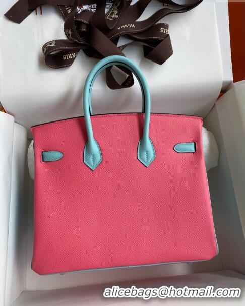 Luxurious Hermes Birkin 25cm Bag in Original Epsom Leather H25 Lipstick Pink/Blue/Silver 2024 (Full Handmade)