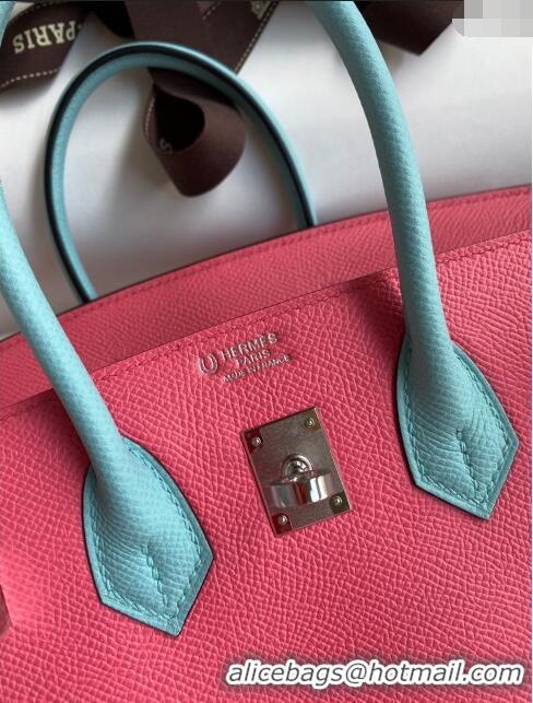 Luxurious Hermes Birkin 25cm Bag in Original Epsom Leather H25 Lipstick Pink/Blue/Silver 2024 (Full Handmade)